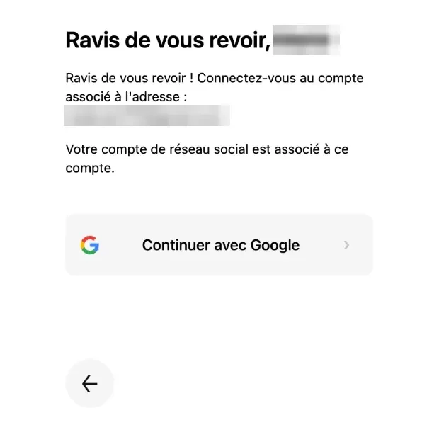 Uber reconnaît un compte existant et propose la connexion Google.