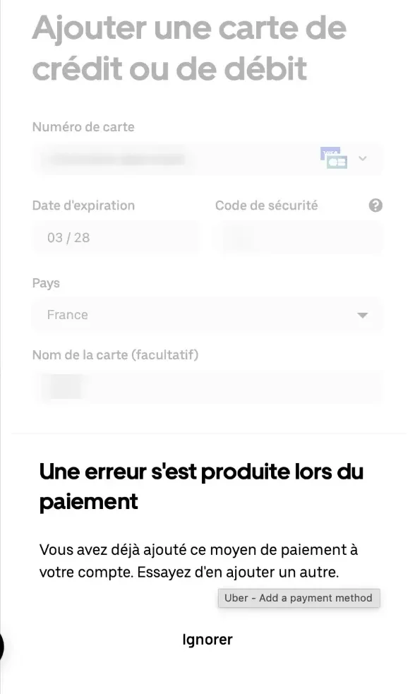 Le message d'erreur « déjà ajouté ».